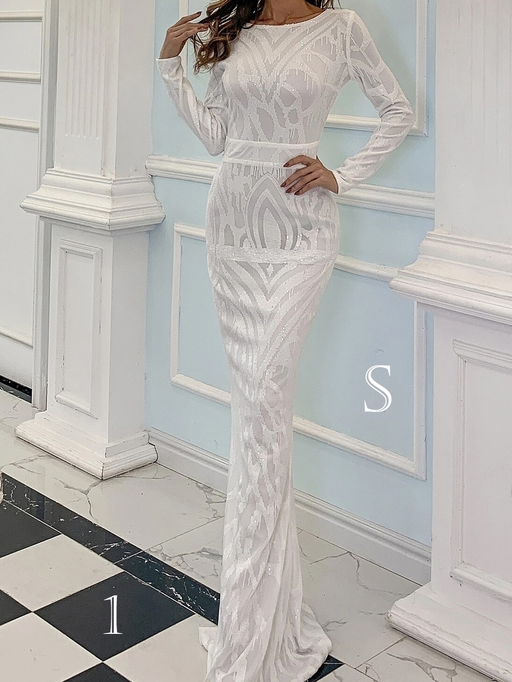 Elegant White Long-Sleeve Sequin Evening Dress Size M